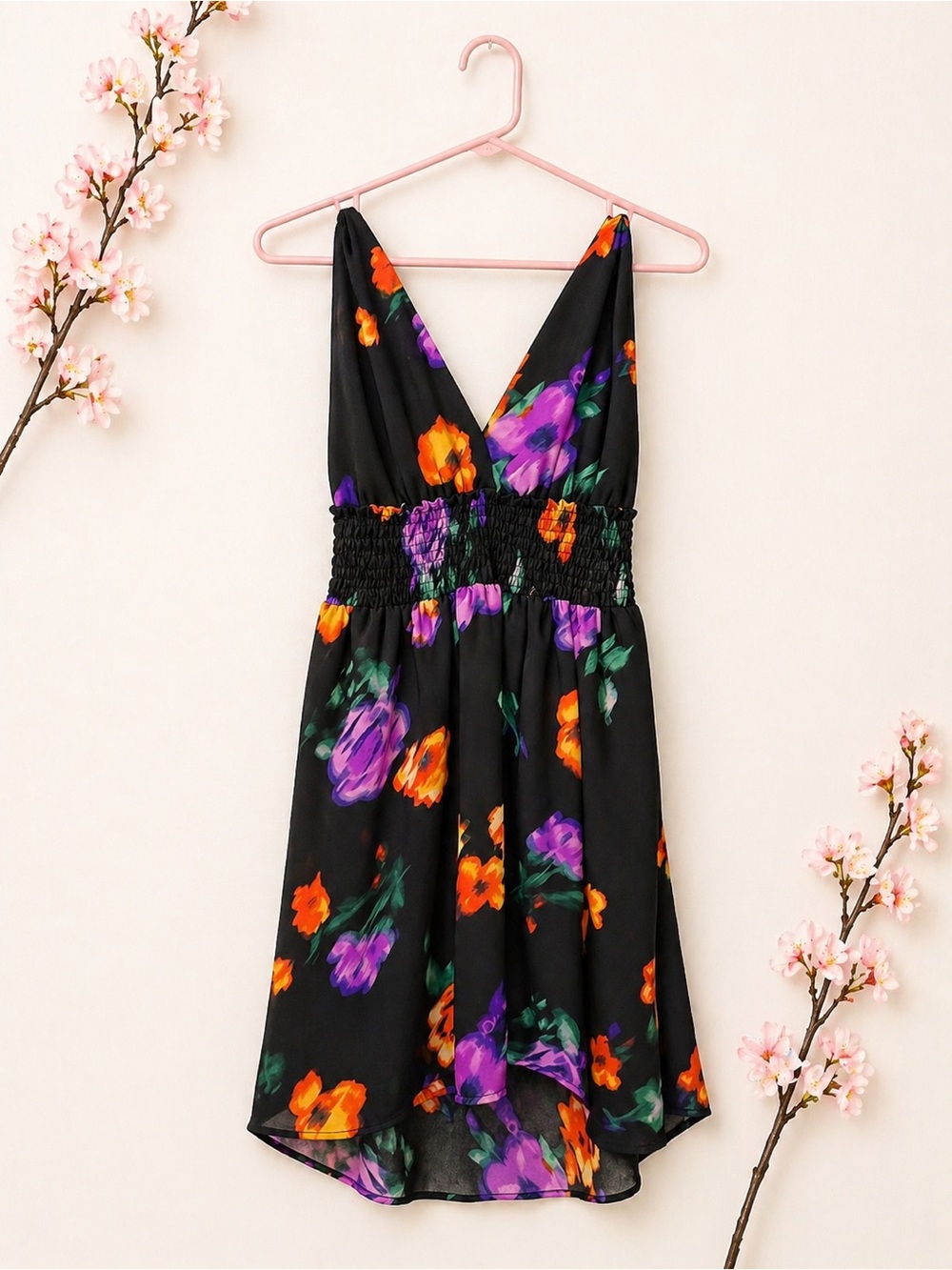 Madden NYC Floral Halter Dress Black Smocked Back Flowy L